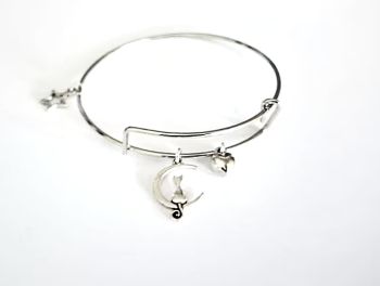 Gorgeous, polished stainless steel bracelet, created with a cute silver tone cat on a moon charm, silver plated cushion heart charm and silver plated open star charm.&nbsp; A lovely lightweight, adjustable bracelet... perfect for cat lovers!&nbsp; It arrives in a pretty organza bag, and has free shipping