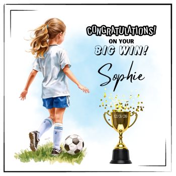 Perfect for a&nbsp;daughter, best friend, niece, granddaughter, goddaughter, or any football or soccer-loving girl, this card can be&nbsp;personalised&nbsp;to make the moment truly hers. Add her&nbsp;name&nbsp;and an&nbsp;optional match date&nbsp;to turn a proud victory into a memory worth framing.
Printed on&nbsp;quality Hammer cardstock&nbsp;and sized to fit&nbsp;standard frames, it&rsquo;s not just a card. It&rsquo;s a reminder of hard work, teamwork, and that unbeatable feeling when the final whistle blows.
Product Features


6x6 inch keepsake card


Quality Hammer cardstock


Personalisation options for name (date optional)


Choice of shorts colour:&nbsp;Black, Blue, Green, or Red. &nbsp;Soccer or GAA ball.


Ideal for framing after gifting


Suitable for football wins, tournaments, and end-of-season celebrations


Whether it&rsquo;s for your&nbsp;daughter&rsquo;s first big win&nbsp;or your&nbsp;best friend&rsquo;s match-day triumph, this card says&nbsp;&ldquo;I&rsquo;m proud of you&rdquo; in a way that lasts long after the celebrations fade 🏆✨
