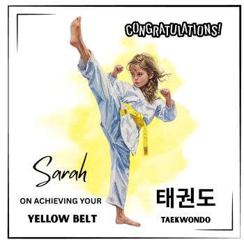 

Celebrate a proud martial arts milestone with this&nbsp;personalised handmade Taekwondo Yellow Belt achievement card. Designed especially for children, it&rsquo;s a meaningful way to recognise their hard work, focus, and determination on the mat.
Perfect for a&nbsp;daughter, niece, granddaughter, or any young Taekwondo student, this card can be&nbsp;personalised with the child&rsquo;s name&nbsp;and an optional date or short message, making their achievement feel truly special and uniquely theirs.
This is more than a card. It&rsquo;s a&nbsp;trinket-style keepsake created to be framed and cherished, marking the moment they earned their Yellow Belt and took an important step on their Taekwondo journey.

