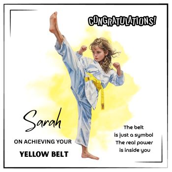 

Celebrate a proud martial arts milestone with this&nbsp;personalised handmade Taekwondo Yellow Belt achievement card. Designed especially for children, it&rsquo;s a meaningful way to recognise their hard work, focus, and determination on the mat.
Perfect for a&nbsp;daughter, niece, granddaughter, or any young Taekwondo student, this card can be&nbsp;personalised with the child&rsquo;s name&nbsp;and an optional date or short message, making their achievement feel truly special and uniquely theirs.
This is more than a card. It&rsquo;s a&nbsp;trinket-style keepsake created to be framed and cherished, marking the moment they earned their Yellow Belt and took an important step on their Taekwondo journey.

