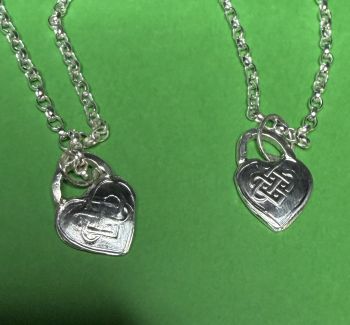 Silver pendant with Celtic heart
Necklaces are made to order, depending on length chosen.&nbsp;
I create with recycled silver. I use copper that has been recycled into wire or sheet metal. Any coins that I use have been circulated but are in good condition. I use different materials, but all are recycled.&nbsp;