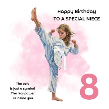 Celebrate a Taekwondo-loving birthday star with this empowering card! Measuring 6x6 inches and printed on high-quality, durable cardstock, it&rsquo;s designed to last as a keepsake. Fully customizable&mdash;you can add any age and personalize the illustration to match hair color, making it uniquely theirs. Perfect for a niece, goddaughter, or any martial arts enthusiast, this card can be sent with or without a relationship title. Inspire confidence and cheer on their special day with a card as spirited as they are!