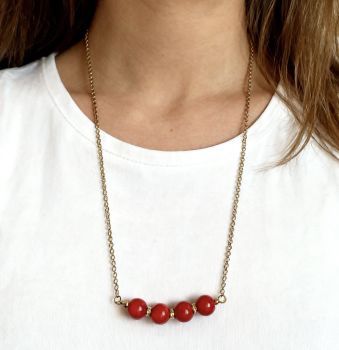 Handcrafted stainless steel red turquoise necklace.