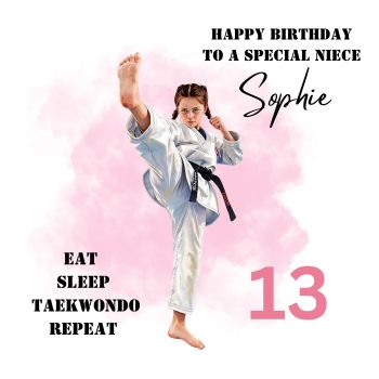 Celebrate a Taekwondo-loving birthday star with this empowering card! Measuring 6x6 inches and printed on high-quality, durable cardstock, it&rsquo;s designed to last as a keepsake. Fully customizable&mdash;you can add any age and personalize the illustration to match hair color, making it uniquely theirs. Perfect for a niece, goddaughter, or any martial arts enthusiast, this card can be sent with or without a relationship title. Inspire confidence and cheer on their special day with a card as spirited as they are!