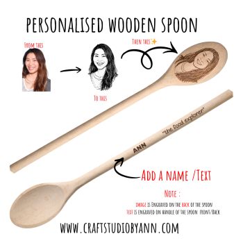 Turn a favourite photo into a one-of-a-kind engraved keepsake!
This custom engraved wooden spoon is made by converting your photo into a detailed line-art illustration and laser engraving it onto the back of the spoon &mdash; creating a fun, heartfelt and totally unique gift.