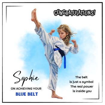 

Celebrate a proud martial arts milestone with this&nbsp;personalised handmade Taekwondo Blue Belt achievement card. Designed especially for children, it&rsquo;s a meaningful way to recognise their hard work, focus, and determination on the mat.
Perfect for a&nbsp;daughter, niece, granddaughter, or any young Taekwondo student, this card can be&nbsp;personalised with the child&rsquo;s name&nbsp;and an optional date or short message, making their achievement feel truly special and uniquely theirs.
This is more than a card. It&rsquo;s a&nbsp;trinket-style keepsake created to be framed and cherished, marking the moment they earned their Blue Belt and took an important step on their Taekwondo journey.

