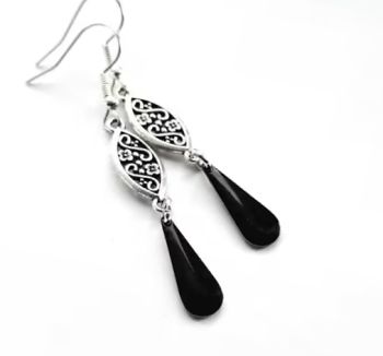 Beautiful filigree earrings made in Ireland with quality materials, created in antique silver and beautifully enamelled in glossy black. Stylish, elegant and comfortable to wear. (Nickel free ear hooks).&nbsp; Great for every day wear, or for special occasions.&nbsp; &nbsp;Perfect for gifting, or a personal treat!&nbsp;