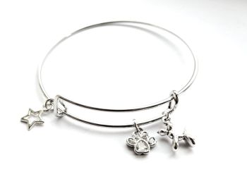 A gorgeous highly polished, stainless steel charm bracelet, made in Ireland with quality materials. Adjustable, and with a cute baloon dog, paw and star charms. Made in limited quantities.&nbsp; Great for gifting! It arrives in a pretty organza bag, and has free shipping!&nbsp;