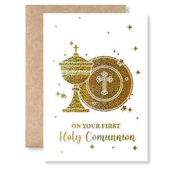 First Holy Communion Card with Foil - Handmade in Ireland
Celebrate this sacred milestone with our stunning First Holy Communion card, featuring beautiful foil detailing that catches the light.
Featuring an elegant design with a chalice, host, and cross in gorgeous foil finish, this card is perfect for congratulating a child on their First Holy Communion.Celebrate this sacred milestone with our stunning First Holy Communion card, featuring beautiful foil detailing that catches the light.

Unique &amp; High-Quality: Professionally printed on thick, premium paper for a standout look and feel
The Perfect Fit: Available in A6 (10.5 cm x 14.8 cm / 4.1 in x 5.8 in) and A5 (14.8 cm x 21 cm / 5.8 in x 8.3 in) sizes - easy to mail and fits perfectly into standard envelopes
Your Personal Touch: Blank inside with plenty of room to write a personal, heartfelt message that makes your holiday greeting extra special
Handmade in Ireland: All our cards are made in Ireland, in our small home studio with care and attention to detail
Kraft Envelope Included: Each card comes with a beautiful kraft envelope


Featuring an elegant design with a chalice, host, and cross in gorgeous foil finish, this card is perfect for congratulating a child on their First Holy Communion.