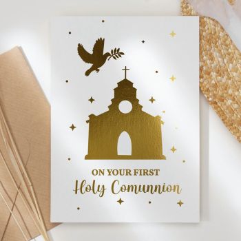 Celebrate this sacred milestone with our stunning First Holy Communion card, featuring a beautiful church and dove design with exquisite foil detailing that catches the light.

Unique &amp; High-Quality: Professionally printed on thick, premium paper for a standout look and feel
Symbolic Design: Features an elegant church silhouette with a peace dove carrying an olive branch, symbolizing faith, hope, and the Holy Spirit
The Perfect Fit: Available in A6 (10.5 cm x 14.8 cm / 4.1 in x 5.8 in) and A5 (14.8 cm x 21 cm / 5.8 in x 8.3 in) sizes - easy to mail and fits perfectly into standard envelopes
Your Personal Touch: Blank inside with plenty of room to write a personal, heartfelt message that makes this special day even more memorable
Handmade in Ireland: All our cards are made in Ireland, in our small home studio with care and attention to detail
Kraft Envelope Included: Each card comes with a beautiful kraft envelope


Available in stunning foil colours including turquoise blue, gold, rose gold, and silver. The intricate star pattern foil creates a magical, celestial effect perfect for this holy occasion.