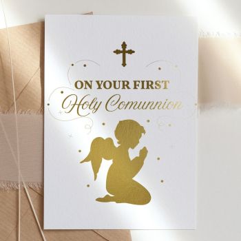 Celebrate this sacred milestone with our stunning First Holy Communion card, featuring a beautiful praying child silhouette with celestial foil detailing that catches the light.

Unique &amp; High-Quality: This isn't your average card. It's professionally printed on thick, premium paper for a standout look and feel
Symbolic Design: Features an elegant silhouette of a child in prayer, filled with a magical starry sky pattern in gorgeous foil, representing faith, innocence, and divine blessing
The Perfect Fit: The A6 size is just right&mdash;easy to mail and fits perfectly into standard envelopes. 10.5 cm x 14.8 cm / 4.1 in x 5.8 in
Your Personal Touch: With a blank inside, you have plenty of room to write a personal, heartfelt message that makes this special day extra memorable
Support Small Business: Your purchase helps an independent creator, making it a gift that gives back. All our cards are made in Ireland, in our small home studio
Kraft Envelope Included: Each card comes with a beautiful kraft envelope


Available in stunning foil colours including turquoise blue, gold, rose gold, and silver. The sparkling celestial pattern creates a reverent, magical look perfect for this holy occasion.
