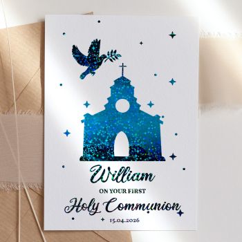 Make this sacred milestone truly unforgettable with our personalised First Holy Communion card, featuring a beautiful church and dove design with exquisite foil detailing that catches the light.

Fully Personalised: Customised with the child's name and communion date, making it a treasured keepsake they'll cherish forever
Unique &amp; High-Quality: This isn't your average card. It's professionally printed on thick, premium paper for a standout look and feel
Symbolic Design: Features an elegant church silhouette with a peace dove carrying an olive branch, symbolising faith, hope, and the Holy Spirit
The Perfect Fit: Available in A6 (10.5 cm x 14.8 cm / 4.1 in x 5.8 in) and A5 (14.8 cm x 21 cm / 5.8 in x 8.3 in) sizes - easy to mail and fits perfectly into standard envelopes
Your Personal Touch: With a blank inside, you have plenty of room to write a personal, heartfelt message that makes this special day extra memorable
Support Small Business: Your purchase helps an independent creator, making it a gift that gives back. All our cards are made in Ireland, in our small home studio
Kraft Envelope Included: Each card comes with a beautiful kraft envelope


Available in stunning foil colours including turquoise blue, gold, rose gold, and silver. The intricate star pattern foil creates a magical, celestial effect perfect for this holy occasion.