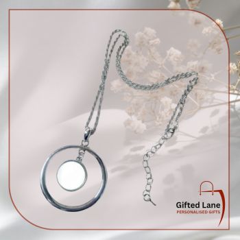 Personalised Round Pendant Chain is a personalised gift accessory for a occasion or a keepsake of a special day. It is a silver chain with round pendant charm which can be personalised with a picture and with a date or name on it. Another special personalised gift from Gifted Lane