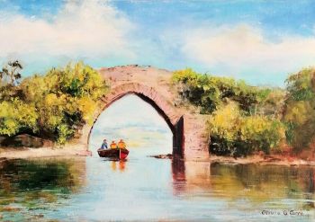 Beautiful scene of a boat passing under Brickeen Bridge in Killarney National Park. Brickeen bridge separates Muckross lake from the Upper lake.
Painted in oils it measures 16" x 20" in a white wooden bespoke frame.
Free delivery within Ireland
&nbsp;