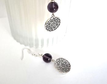 Handmade in Ireland with quality materials, beautiful antique silver tone, filigree drop earrings with gorgeous translucent glass beads in deep purple. Great for everyday wear, or for evening!&nbsp;&nbsp;Free shipping!