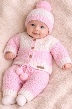 Crocheted 3 piece baby set in white and pink
Age: 0-3 months&nbsp;