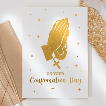 Make this sacred milestone truly unforgettable with our personalised First Holy Communion card, featuring a beautiful boy silhouette holding his prayer book with exquisite foil detailing that catches the light.

Fully Personalised: Customised with the child's name and communion date, making it a treasured keepsake they'll cherish forever
Unique &amp; High-Quality: This isn't your average card. It's professionally printed on thick, premium paper for a standout look and feel
Symbolic Design: Features an elegant silhouette of a boy in his communion suit holding a prayer book, filled with a magical starry pattern in gorgeous foil, representing faith, devotion, and divine blessing
The Perfect Fit: Available in A6 (10.5 cm x 14.8 cm / 4.1 in x 5.8 in) and A5 (14.8 cm x 21 cm / 5.8 in x 8.3 in) sizes - easy to mail and fits perfectly into standard envelopes
Your Personal Touch: With a blank inside, you have plenty of room to write a personal, heartfelt message that makes this special day extra memorable
Support Small Business: Your purchase helps an independent creator, making it a gift that gives back. All our cards are made in Ireland, in our small home studio
Kraft Envelope Included: Each card comes with a beautiful kraft envelope


Available in stunning foil colours including turquoise blue, gold, rose gold, and silver. The sparkling celestial pattern creates a reverent, magical look perfect for this holy occasion.