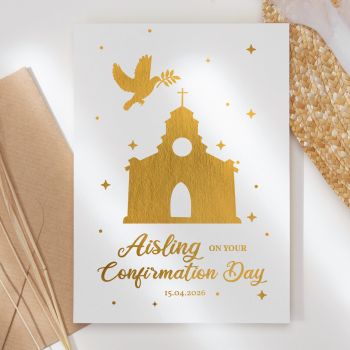 

Celebrate this special milestone with our beautiful Confirmation card featuring a stunning gold foil church and dove design, handmade in Ireland with premium materials.
Personalisation Options:

Personalised:&nbsp;Add the child's name and confirmation date for a truly special keepsake
Non-Personalised:&nbsp;Beautiful ready-to-send cards with heartfelt messages including 'On your Confirmation Day', 'For a Special Daughter on your Confirmation Day', or 'For a Special Grandson on your Confirmation Day'


