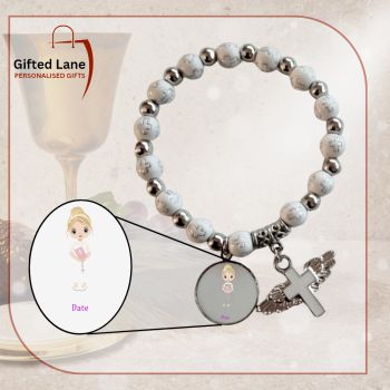 Personalised First Holy Communion Rosary Beads Bracelet is a personalised gift accessory and a keepsake of a special day. They can be personalised with a picture and with a date or name on them. Another special personalised gift from Gifted Lane&nbsp;