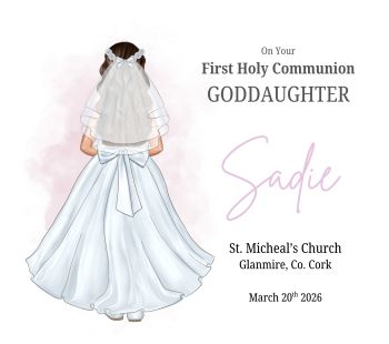 A beautiful First Holy Communion card, lovingly personalized to suit your individual child. Each card is tailored with your choice of hair colour and dress style, thoughtfully designed to reflect her unique look. The dress is finished with a beautiful white bow, adding a soft and elegant touch to this wonderful keepsake.
The card can be personalized with any relationship, such as goddaughter, granddaughter, niece, daughter, or another special title, making it truly meaningful for both giver and receiver. Carefully crafted as a keepsake for a very special day, this card is something she will treasure and remember for years to come 🤍✨