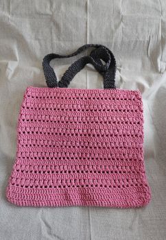 Crocheted large tote hand bag in light pink with charcoal handles