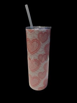 A stunning 20-ounce stainless steel tumbler featuring a delicate pastel lace heart design. Includes a coffee slide lid and reusable straw, perfect for keeping drinks hot or cold while on the go.
&nbsp;