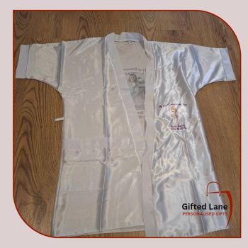 Personalised First Holy Communion White Satin Dressing Gown is a personalised gift and a keepsake of a special day. They are available in white satin and can be&nbsp; personalised on both sides with any picture or text on them and with a date or name on them. Another special personalised gift from Gifted Lane.