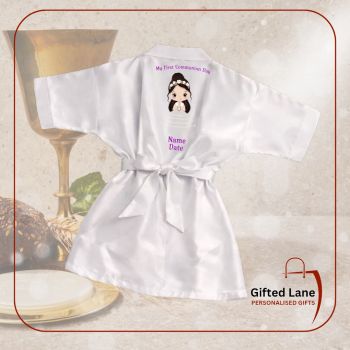 Personalised First Holy Communion White Satin Dressing Gown is a personalised gift and a keepsake of a special day. They are available in white satin and can be&nbsp; personalised on both sides with any picture or text on them and with a date or name on them. Another special personalised gift from Gifted Lane.