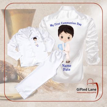 Personalised First Holy Communion White Satin Shirt and Trousers Pyjamas is a personalised gift and a keepsake of a special day. They can be&nbsp; personalised on both sides with any picture or text on them and with a date or name on them. Another special personalised gift from Gifted Lane.