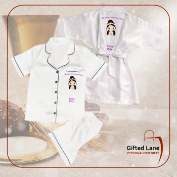 Personalised First Holy Communion White Satin Pyjamas &amp; Dressing Gown Set is a personalised gift and a keepsake of a special day. They are in white satin and can be&nbsp; personalised on with any picture or text on them and with a date or name on them. Another special personalised gift from Gifted Lane.