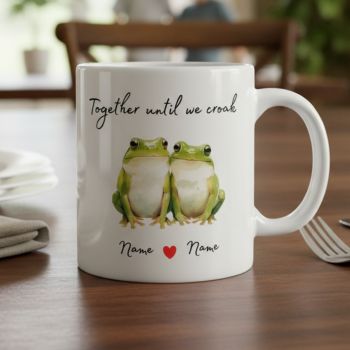 11oz white ceramic mug, with funny valetines frog design.