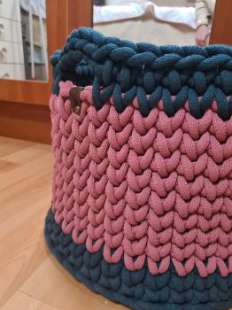Large Handcrafted Crochet Storage Basket in Pink and Blue.