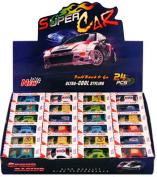 Colourful pull-back racing cars in display boxes. Perfect for party bags, loot bags, lucky dips, and small gifts.