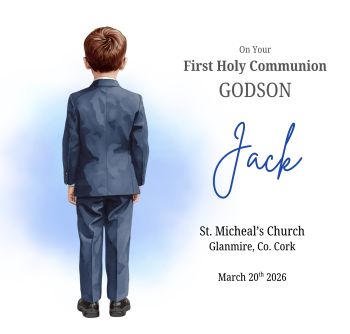 A beautiful First Holy Communion card, lovingly personalized to suit your individual child. Each card is tailored with your choice of hair colour and outfit style, thoughtfully designed to reflect his unique look.
The card can be personalized with any relationship, such as godson, grandson, nephew, son, or another special title, making it truly meaningful for both giver and receiver. Carefully crafted as a keepsake for a very special day, this card is something he will treasure and remember for years to come 🤍✨