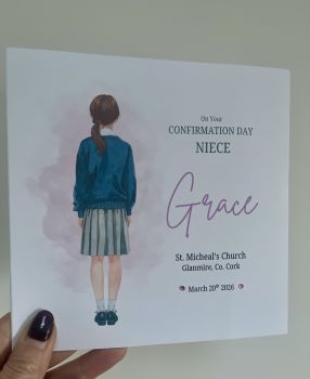 Personalised Confirmation Card &ndash; School Uniform Girl
Celebrate her special Confirmation day with a card that truly reflects her personality. This unique personalised Confirmation card features a girl dressed in a smart school uniform and can be customised with your choice of hair colour &mdash; brown, blonde, black, or red &mdash; creating a meaningful keepsake she&rsquo;ll treasure.
Perfect for daughters, granddaughters, goddaughters, nieces, or friends, this thoughtful design offers a modern yet respectful way to honour this important milestone in her faith journey.
✨&nbsp;Personalisation Options:


Choice of hair colour: Brown, Blonde, Black, or Red


Name&nbsp;


Confirmation date


Church Name&nbsp;


Carefully designed to mark a meaningful step in her faith journey, this personalised card adds a beautiful touch to her Confirmation day and becomes a keepsake to cherish for years to come.