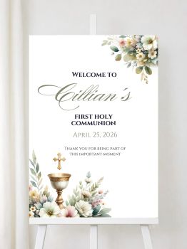 Personalised First Holy Communion Welcome Signs with Chalice &amp; Corner Florals
Create a sacred and elegant welcome for your guests with our beautifully designed personalised First Holy Communion welcome signs. Featuring a golden chalice with cross above delicate corner floral arrangements in soft pastels, these premium prints bring spiritual beauty and natural grace to your child's sacred celebration.