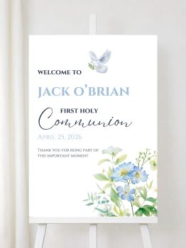 Personalised First Holy Communion Welcome Signs with Dove &amp; Blue Florals

Create a serene and beautiful welcome for your guests with our elegantly designed personalised First Holy Communion welcome signs. Featuring a peaceful dove with olive branch above delicate blue watercolour flowers and soft greenery, these premium prints bring spiritual grace and natural beauty to your child's sacred celebration.