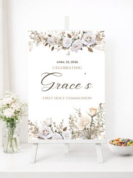 Personalised First Holy Communion Welcome Signs with Elegant White Roses

Create a timeless and sophisticated welcome for your guests with our beautifully designed personalised First Holy Communion welcome signs. Featuring stunning white and cream roses with delicate botanical greenery arranged in graceful top and bottom borders, these premium prints bring classic elegance and natural beauty to your child's sacred celebration.