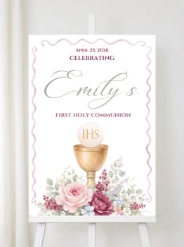 Personalised First Holy Communion Welcome Signs with Sacred Chalice &amp; Roses

Create a sacred and beautiful welcome for your guests with our elegantly designed personalised First Holy Communion welcome signs. Featuring a golden chalice with IHS host above a stunning arrangement of soft pink and mauve roses with delicate eucalyptus and wildflowers, these premium prints bring spiritual beauty and floral elegance to your child's special celebration.
