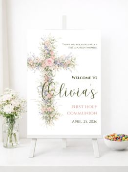 Personalised First Holy Communion Welcome Signs with Beautiful Floral Cross

Create a sacred and stunning welcome for your guests with our beautifully designed personalised First Holy Communion welcome signs. Featuring a graceful cross adorned with soft pink roses, delicate daisies, and lavender blooms with eucalyptus greenery, these premium prints bring spiritual beauty and natural elegance to your child's special celebration.