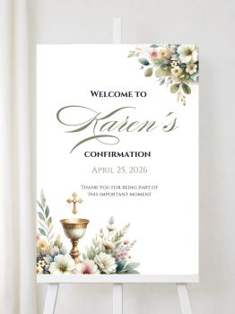 Personalised Confirmation Welcome Signs with Chalice &amp; Soft Florals

Create a sacred and beautiful welcome for your guests with our elegantly designed personalised welcome signs. Featuring a golden chalice with cross above a delicate arrangement of soft pink, cream, and white flowers with eucalyptus greenery, these premium prints honour the spiritual significance of your child's Confirmation celebration