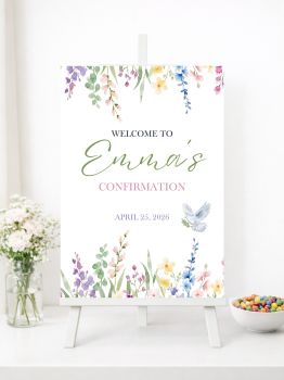 Personalised Confirmation Welcome Signs with Hanging Garden Design

Create a stunning welcome for your guests with our beautifully designed personalised welcome signs. Featuring a gorgeous hanging garden arrangement with purple, pink, yellow, and blue watercolour flowers cascading from above, complemented by a peaceful dove, these premium prints bring natural beauty and elegance to your child's Confirmation celebration.