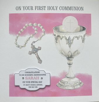 






&nbsp;




&nbsp;










This First Holy Communion card is a beautiful keepsake featuring elegant rosary beads and a classic chalice on a soft, timeless background. A standout printed label highlights all the important details of the big day, including the child&rsquo;s name, date, church, and location. Printed on high-quality cardstock, it&rsquo;s a meaningful and lasting reminder of a very special celebration.







&nbsp;