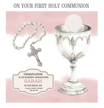 






&nbsp;




&nbsp;










This First Holy Communion card is a beautiful keepsake featuring elegant rosary beads and a classic chalice on a soft, timeless background. A standout printed label highlights all the important details of the big day, including the child&rsquo;s name, date, church, and location. Printed on high-quality cardstock, it&rsquo;s a meaningful and lasting reminder of a very special celebration.







&nbsp;
