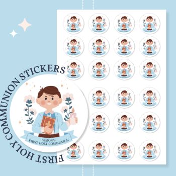 Celebrate his First Holy Communion with beautiful personalised stickers, handmade in County Cork, Ireland. Perfect for godsons, nephews, grandsons, or any special boy marking this sacred milestone. Ready in 2-5 working days.
&nbsp;
Size &amp; Quantity Options
Our premium Holy Communion stickers are available in three convenient sizes to suit your celebration needs:


35mm size: 30 stickers total (15 stickers per sheet &times; 2 sheets)
40mm size: 24 stickers total (12 stickers per sheet &times; 2 sheets)
60mm size: 12 stickers total (6 stickers per sheet &times; 2 sheets)
