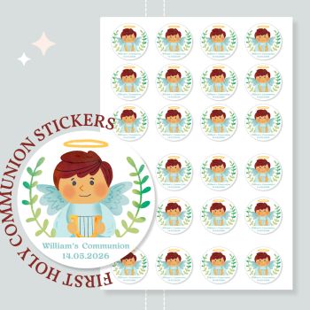 Celebrate his First Holy Communion with beautiful personalised stickers, handmade in County Cork, Ireland. Perfect for godsons, nephews, grandsons, or any special boy marking this sacred milestone. Ready in 2-5 working days.
Size &amp; Quantity Options
Our premium Holy Communion stickers are available in three convenient sizes to suit your celebration needs:


35mm size: 30 stickers total (15 stickers per sheet &times; 2 sheets)
40mm size: 24 stickers total (12 stickers per sheet &times; 2 sheets)
60mm size: 12 stickers total (6 stickers per sheet &times; 2 sheets)
