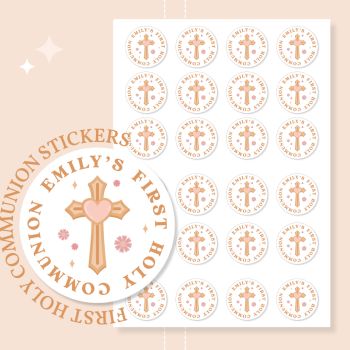 Celebrate their First Holy Communion with beautiful personalised stickers, handmade in County Cork, Ireland. Perfect for sons, daughters, godchildren, nephews, nieces, grandsons, granddaughters, or any special child marking this sacred milestone.Ready in 2-5 working days.
Size &amp; Quantity Options
Our premium Holy Communion stickers are available in three convenient sizes to suit your celebration needs:


35mm size: 30 stickers total (15 stickers per sheet &times; 2 sheets)
40mm size: 24 stickers total (12 stickers per sheet &times; 2 sheets)
60mm size: 12 stickers total (6 stickers per sheet &times; 2 sheets)
