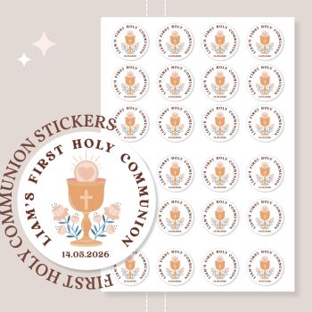 Celebrate their First Holy Communion with beautiful personalised stickers, handmade in County Cork, Ireland. Perfect for sons, daughters, godchildren, nephews, nieces, grandsons, granddaughters, or any special child marking this sacred milestone.
Ready in 2-5 working days.
Size &amp; Quantity Options
Our premium Holy Communion stickers are available in three convenient sizes to suit your celebration needs:


35mm size: 30 stickers total (15 stickers per sheet &times; 2 sheets)
40mm size: 24 stickers total (12 stickers per sheet &times; 2 sheets)
60mm size: 12 stickers total (6 stickers per sheet &times; 2 sheets)
