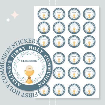 Celebrate their First Holy Communion with beautiful personalised stickers, handmade in County Cork, Ireland. Perfect for sons, daughters, godchildren, nephews, nieces, grandsons, granddaughters, or any special child marking this sacred milestone.
Ready in 2-5 working days.
Size &amp; Quantity Options
Our premium Holy Communion stickers are available in three convenient sizes to suit your celebration needs:


35mm size: 30 stickers total (15 stickers per sheet &times; 2 sheets)
40mm size: 24 stickers total (12 stickers per sheet &times; 2 sheets)
60mm size: 12 stickers total (6 stickers per sheet &times; 2 sheets)
