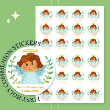 Celebrate his First Holy Communion with beautiful personalised stickers, handmade in County Cork, Ireland. Perfect for godsons, nephews, grandsons, or any special boy marking this sacred milestone. Ready in 2-5 working days.
Size &amp; Quantity Options
Our premium Holy Communion stickers are available in three convenient sizes to suit your celebration needs:


35mm size: 30 stickers total (15 stickers per sheet &times; 2 sheets)
40mm size: 24 stickers total (12 stickers per sheet &times; 2 sheets)
60mm size: 12 stickers total (6 stickers per sheet &times; 2 sheets)
